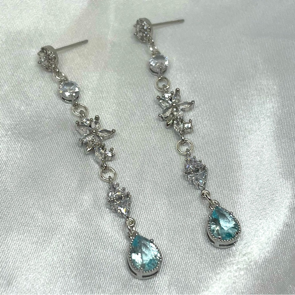Silver White and Blue Rhinestone Dangle Earrings